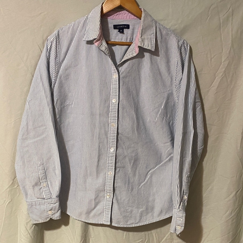 Lands' End Women’s Blue Stripe Button-Down Blouse
